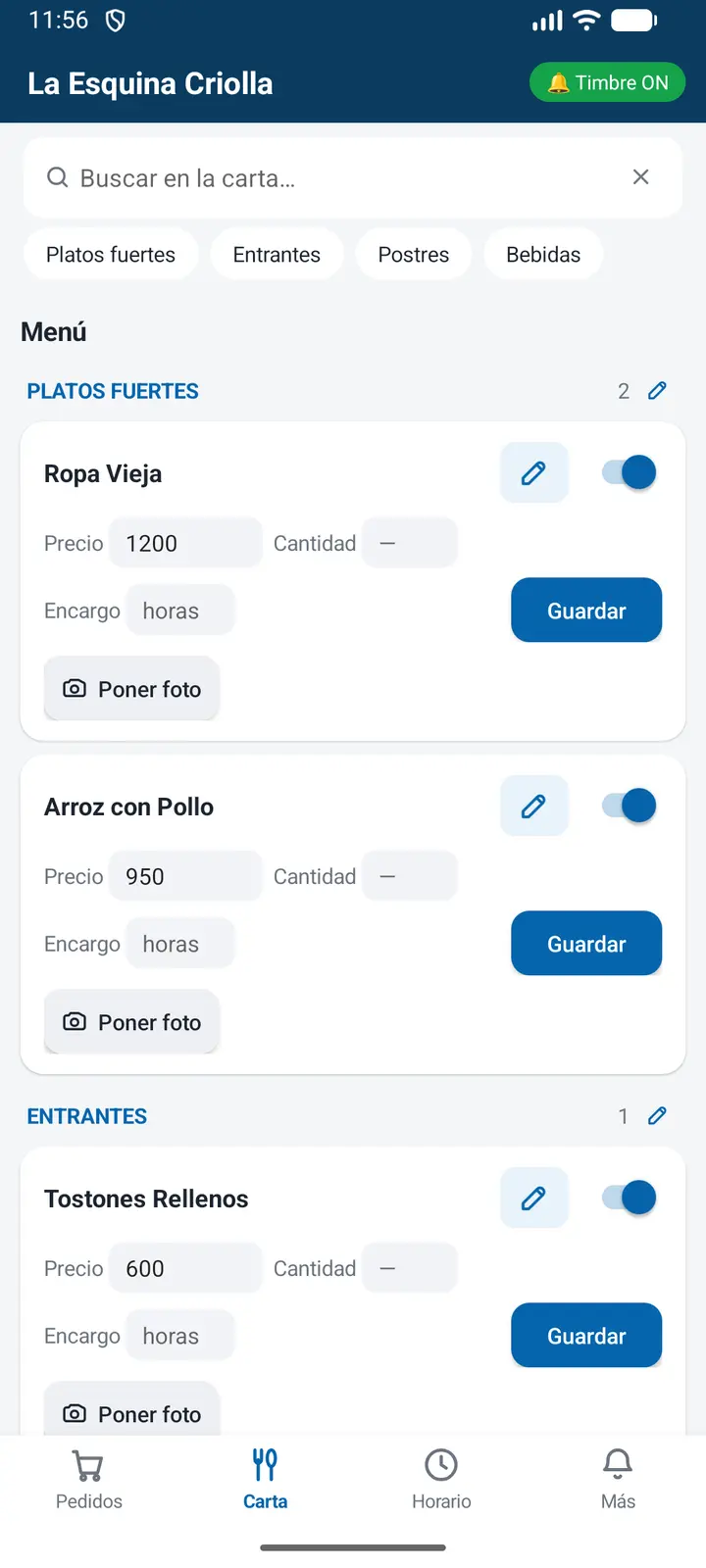 Carta editable en la app del negocio