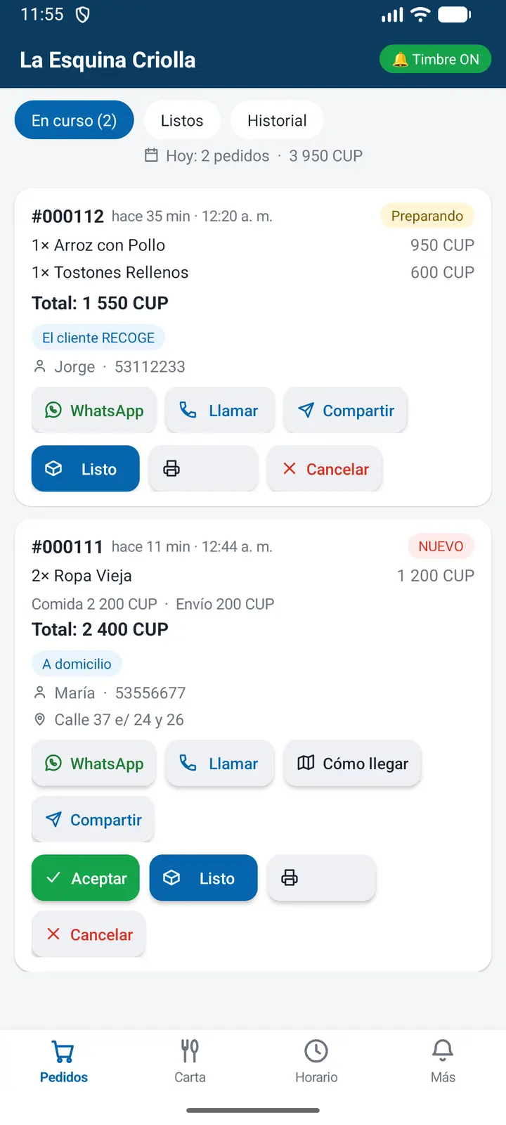 Pantalla de pedidos de la app del negocio