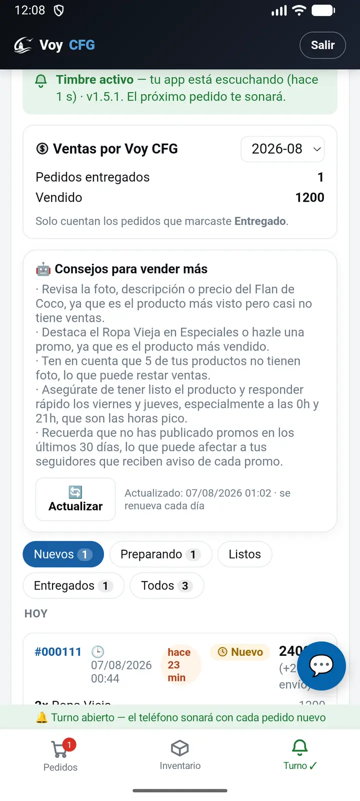 Tarjeta de consejos de IA en el panel del negocio