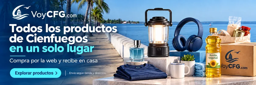Todos los productos de Cienfuegos en un solo lugar. Compra por la web y recibe en casa. Ilustración promocional con fondo de Cienfuegos y productos, incluido aceite vegetal.